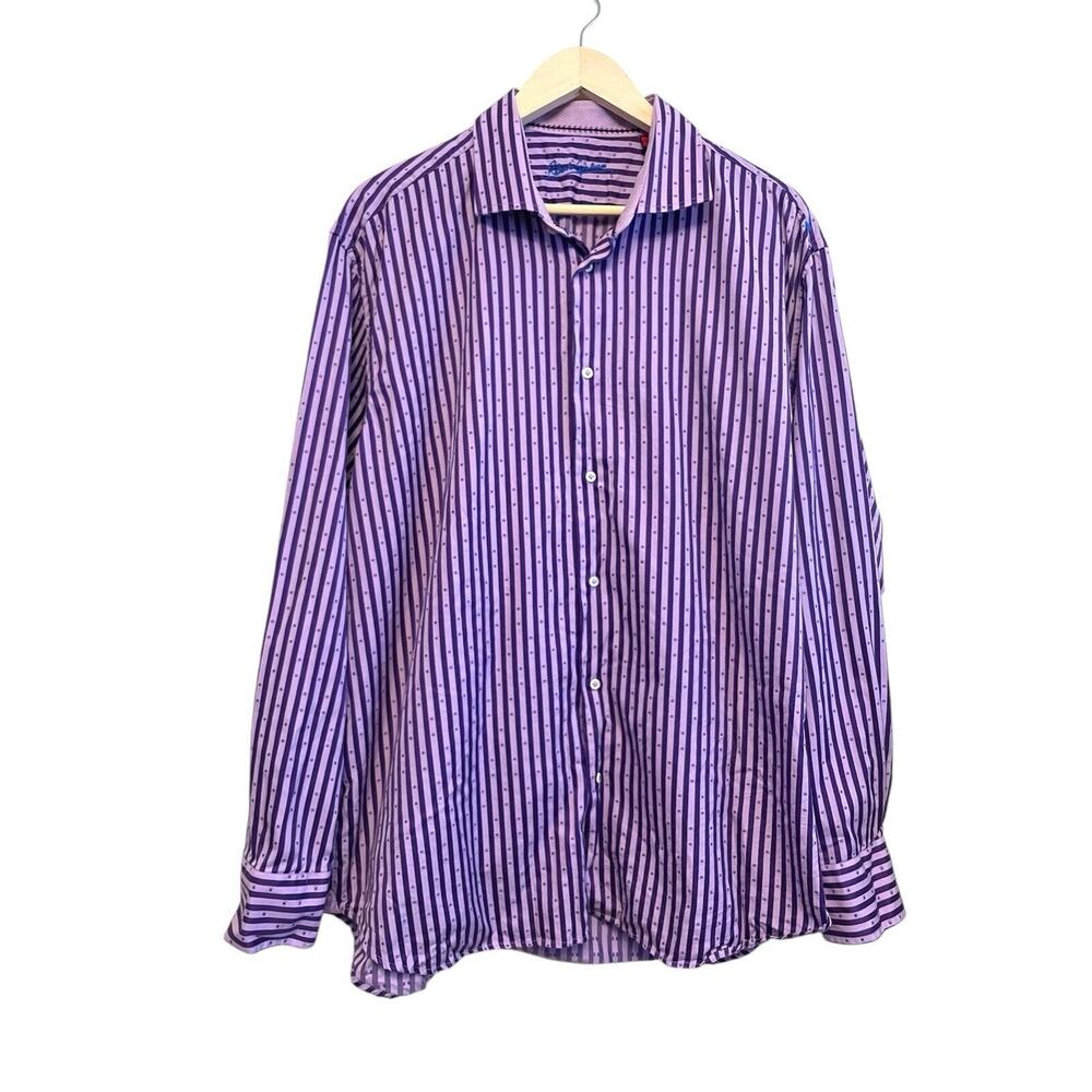 Robert Graham Striped Embroidered Dot Button Up Shirt Men Size XL/XXL Purple